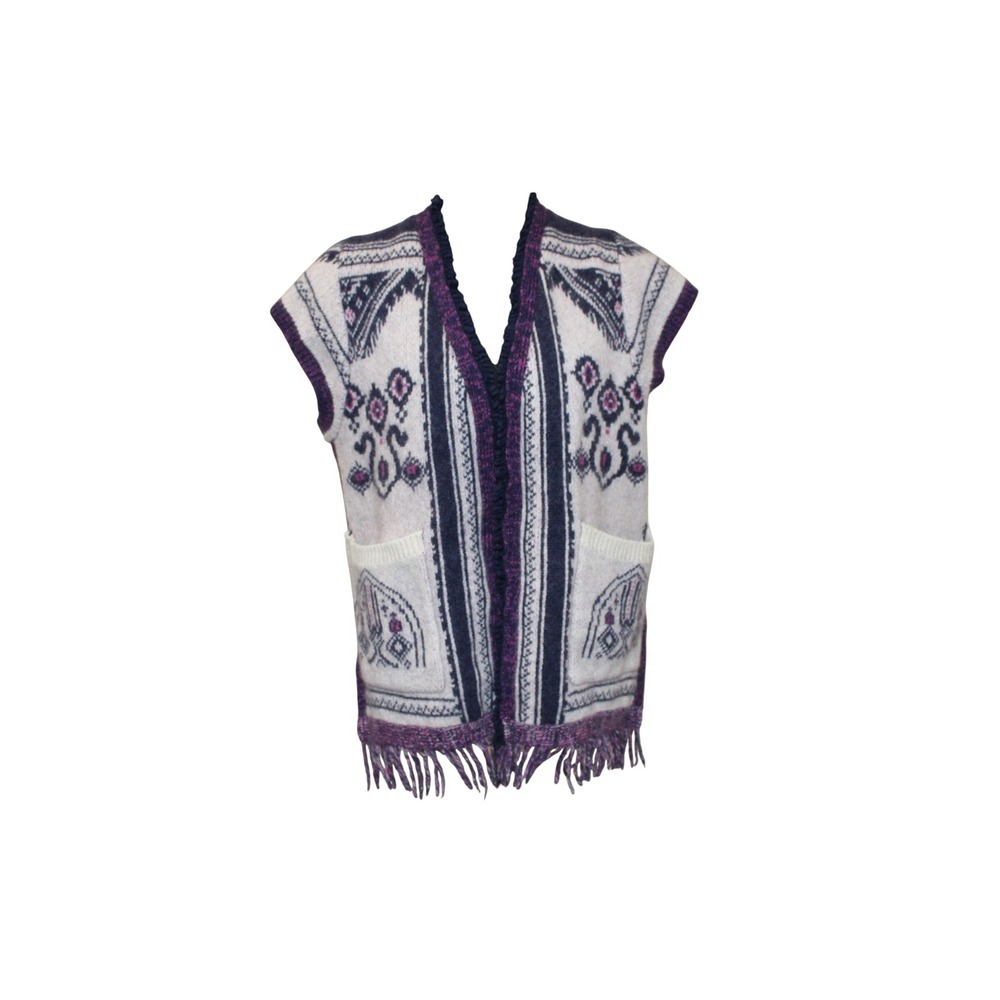 Anthropology Knit Vest Womens XS/S Purple Wool Blend Fringe Boho Open Front